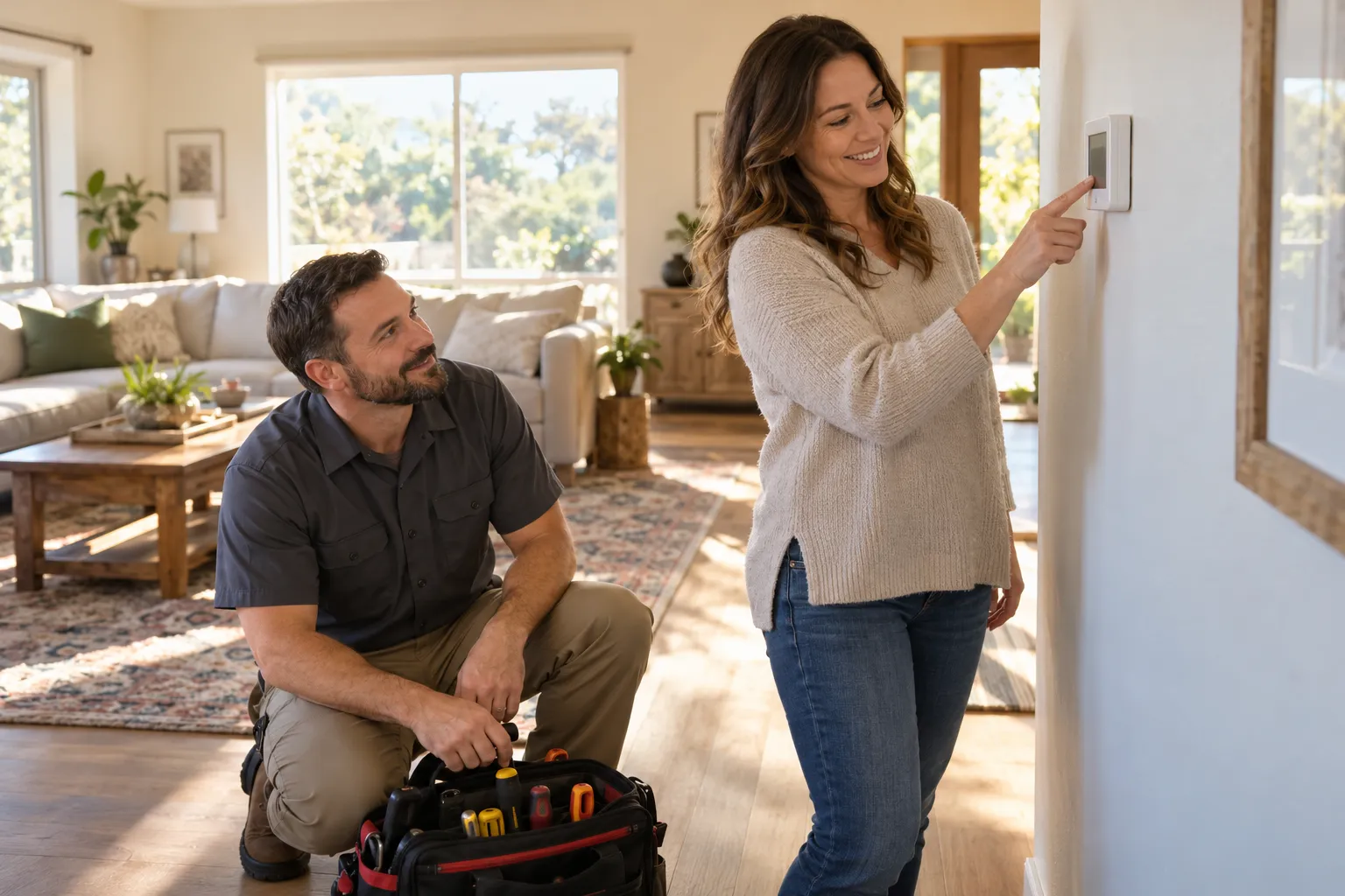 A homeowner in Kenner checking the thermostat in a bright living room